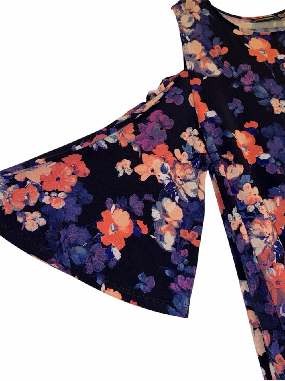 NINA LEONARD 2X Cold Shoulder Dress Pockets Navy Floral Bell Sleeve Boho Resort - Picture 3 of 9